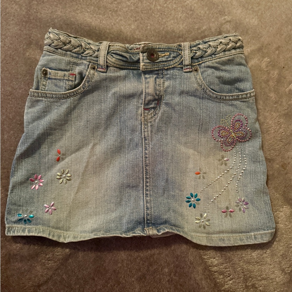 Girls size 8 Embellished Denim Skort Rhinestone Flower and Butterfly Design Y2K